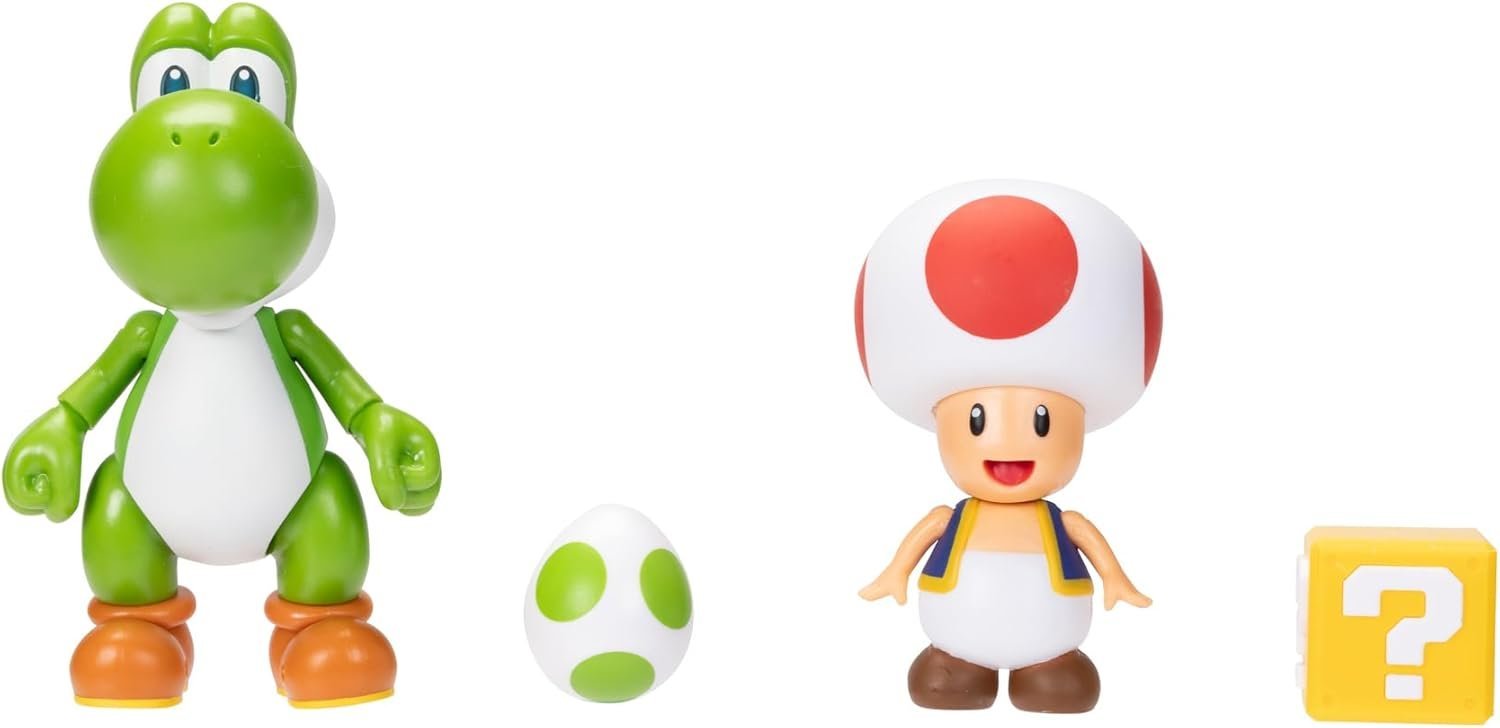 Super Mario Nintendo 4 Inch Action Figure 2-Pack: Yoshi & Toad with Accessories